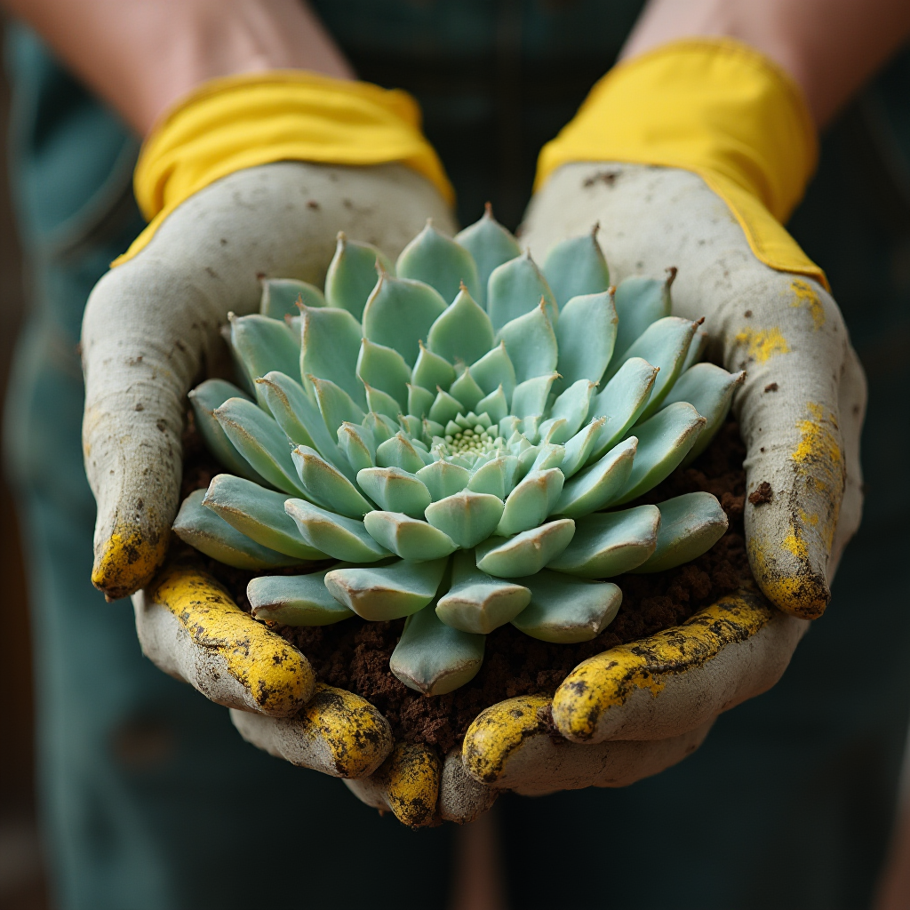 Hands in gardening gloves holding Conophytum pageae (Conophytum pageae) with CITES certificate visible in background, shallow focus on plant details