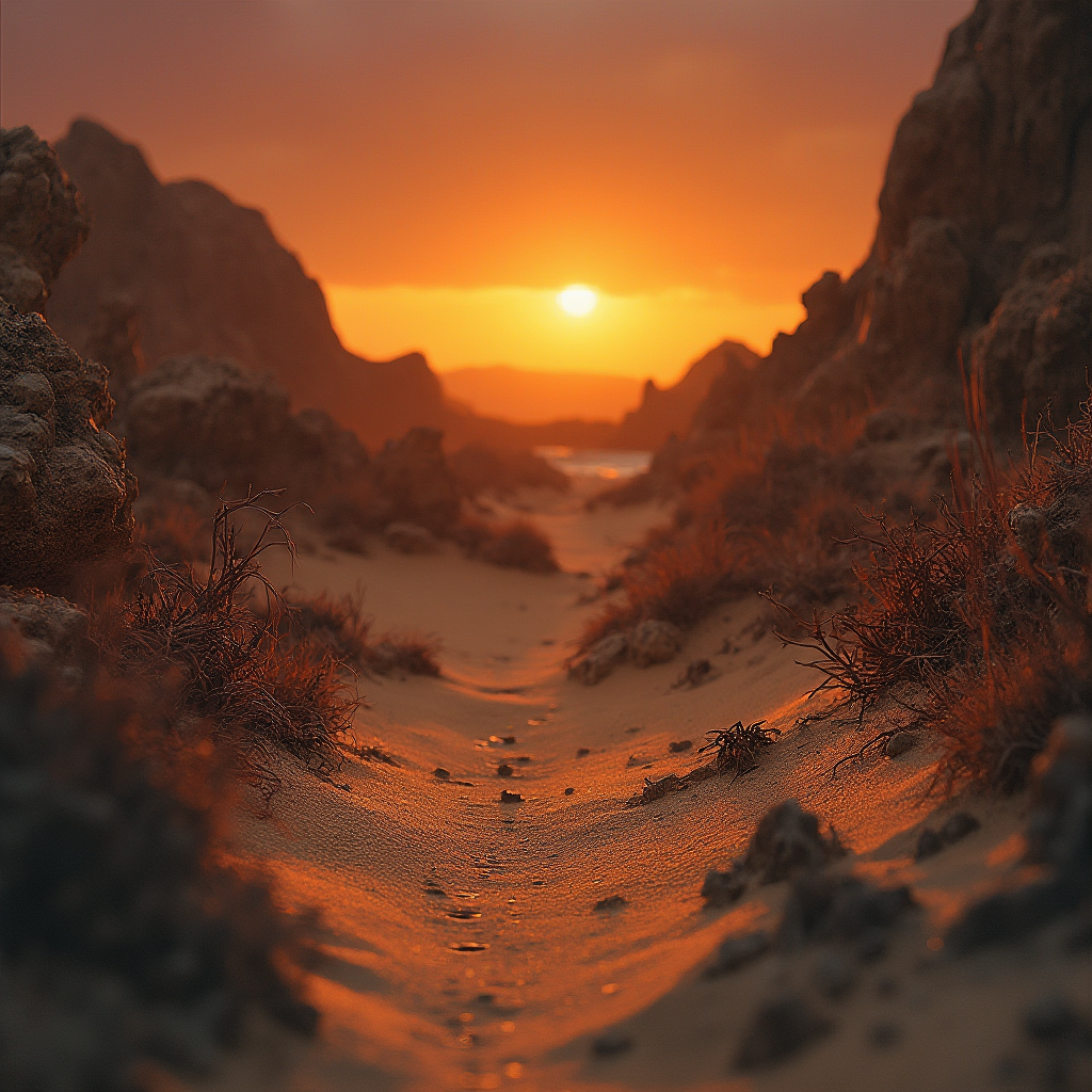 Krajobraz inspirowany Namibią z Conophytum pellucidum (Conophytum pellucidum): miniaturowe wydmy z piaskowca, suche gałęzie jako dekoracja, oświetlenie punktowe imitujące zachód słońca