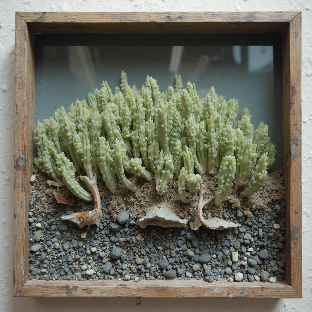 Długoterminowa dokumentacja wzrostu Conophytum pellucidum (Conophytum pellucidum): seria zdjęć poklatkowych ukazująca 5-letni cykl rozwoju, ramka z opisami dat i faz