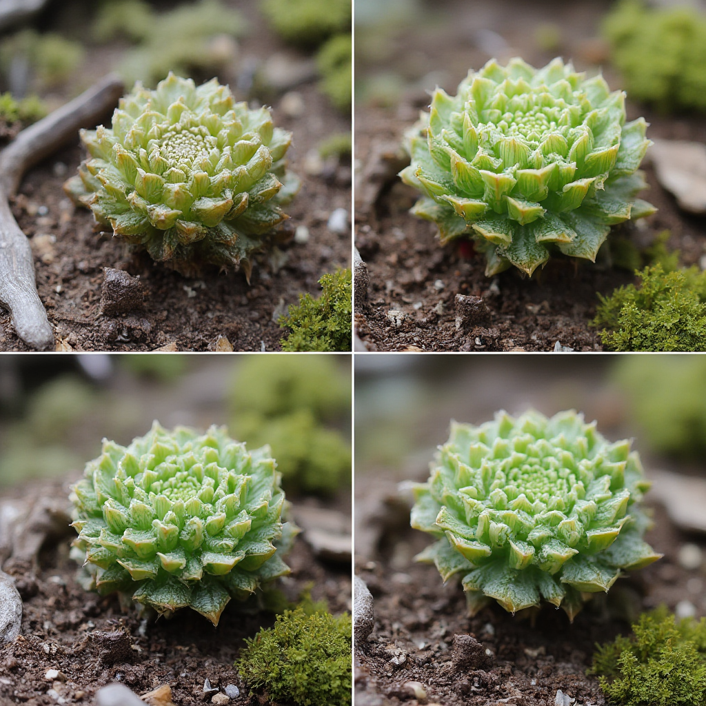 Sekwencja zdjęć Conophytum pellucidum (Conophytum pellucidum) w różnych fazach rocznych: spoczynku letniego, wzrostu jesiennego, kwitnienia i wymiany liści, kadr podzielony na cztery równe części