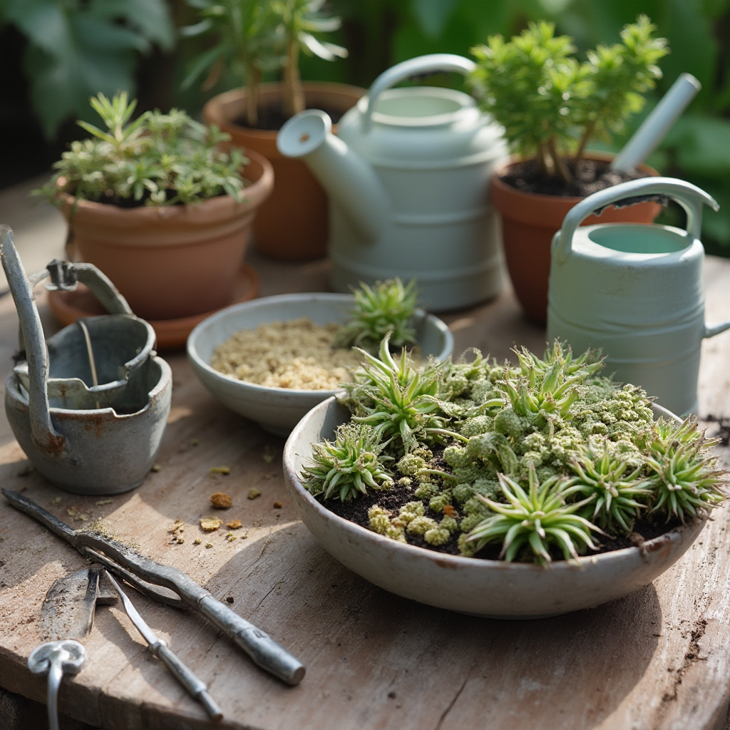 Stół ogrodniczy z narzędziami do uprawy Conophytum pellucidum (Conophytum pellucidum): pęseta z nylonową końcówką, miarka do nawozów, konewka z długim dzióbkiem, podłoże mineralne w miseczkach