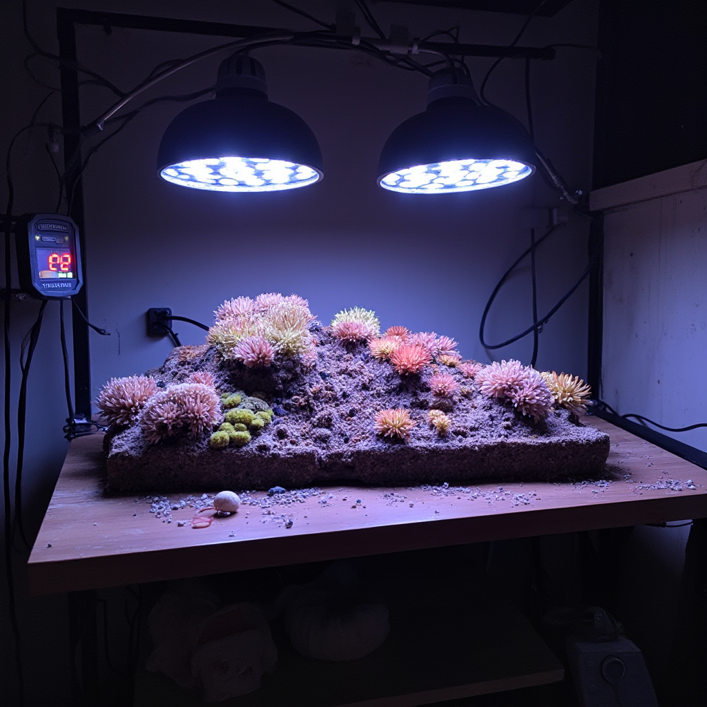 Setup oświetleniowy dla Conophytum pellucidum (Conophytum pellucidum): dwie lampy LED pełnego spektrum zawieszone nad półką, światłomierz pokazujący 15 000 lux, termometr z wyświetlaczem 22°C