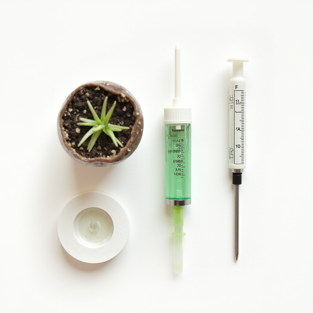 Narzędzia do podlewania Conophytum pellucidum (Conophytum pellucidum): strzykawka z podziałką, butelka z końcówką kapilarną, higrometr glebowy z sondą, kadr z góry na białym tle