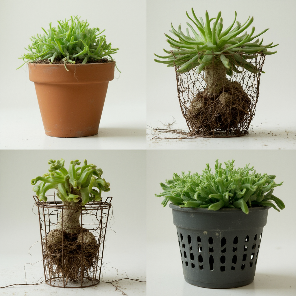 Porównanie systemów korzeniowych Conophytum pellucidum (Conophytum pellucidum) w różnych typach doniczek: ceramicznej, drucianej koszyczkowej, plastikowej z otworami bocznymi, kadr pod kątem 45 stopni