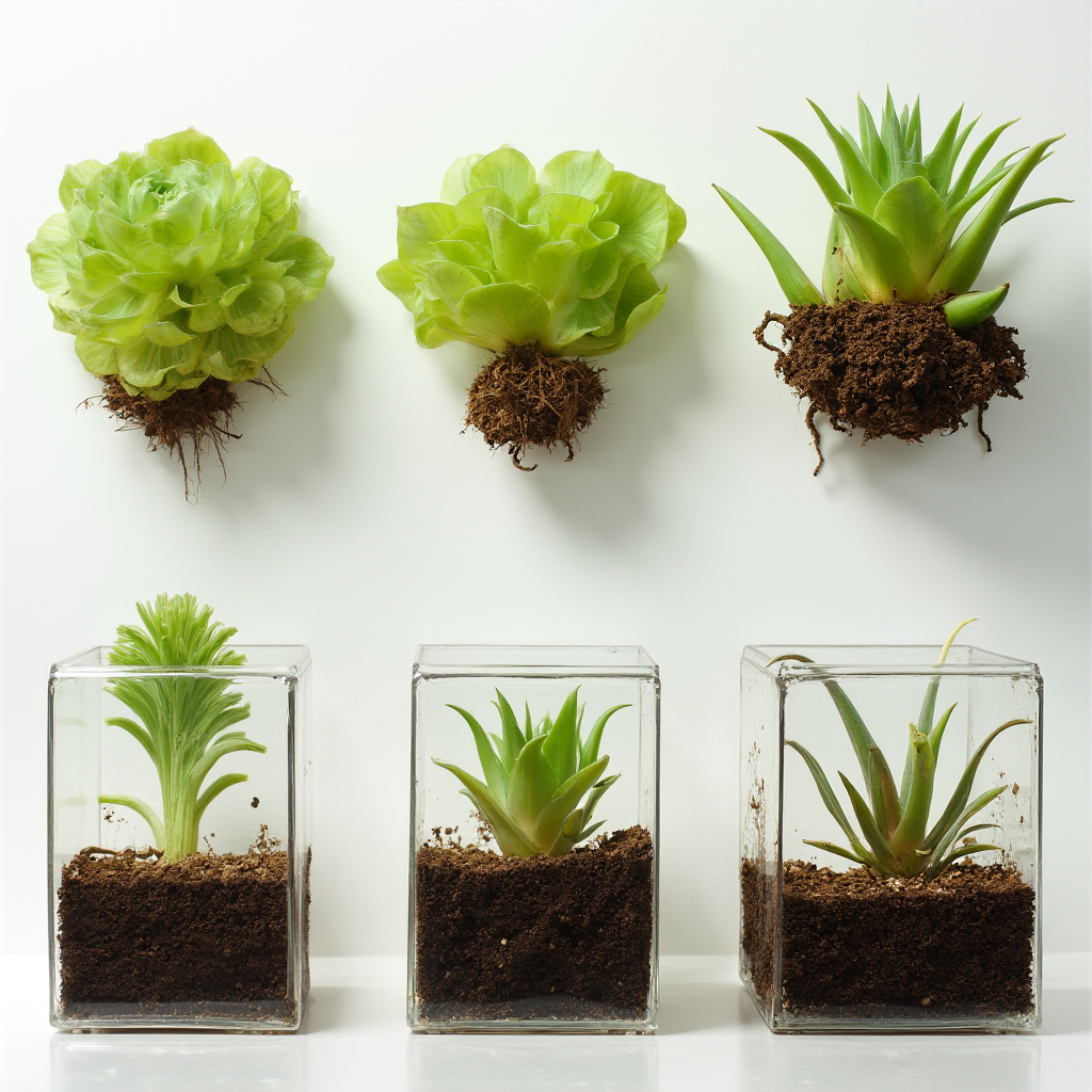 Etapy rozmnażania Conophytum pellucidum (Conophytum pellucidum): podział kępy, ukorzenianie sadzonek liściowych, siew nasion pod szkłem, kadr trójdzielny z podpisami etapów