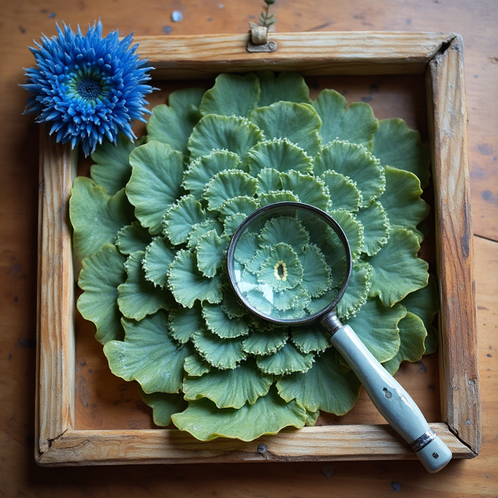 Zestaw do ochrony Conophytum pellucidum (Conophytum pellucidum): niebieskie lepy owadobójcze, szczoteczka do czyszczenia liści, lupa do inspekcji, kadr na drewnianym tle