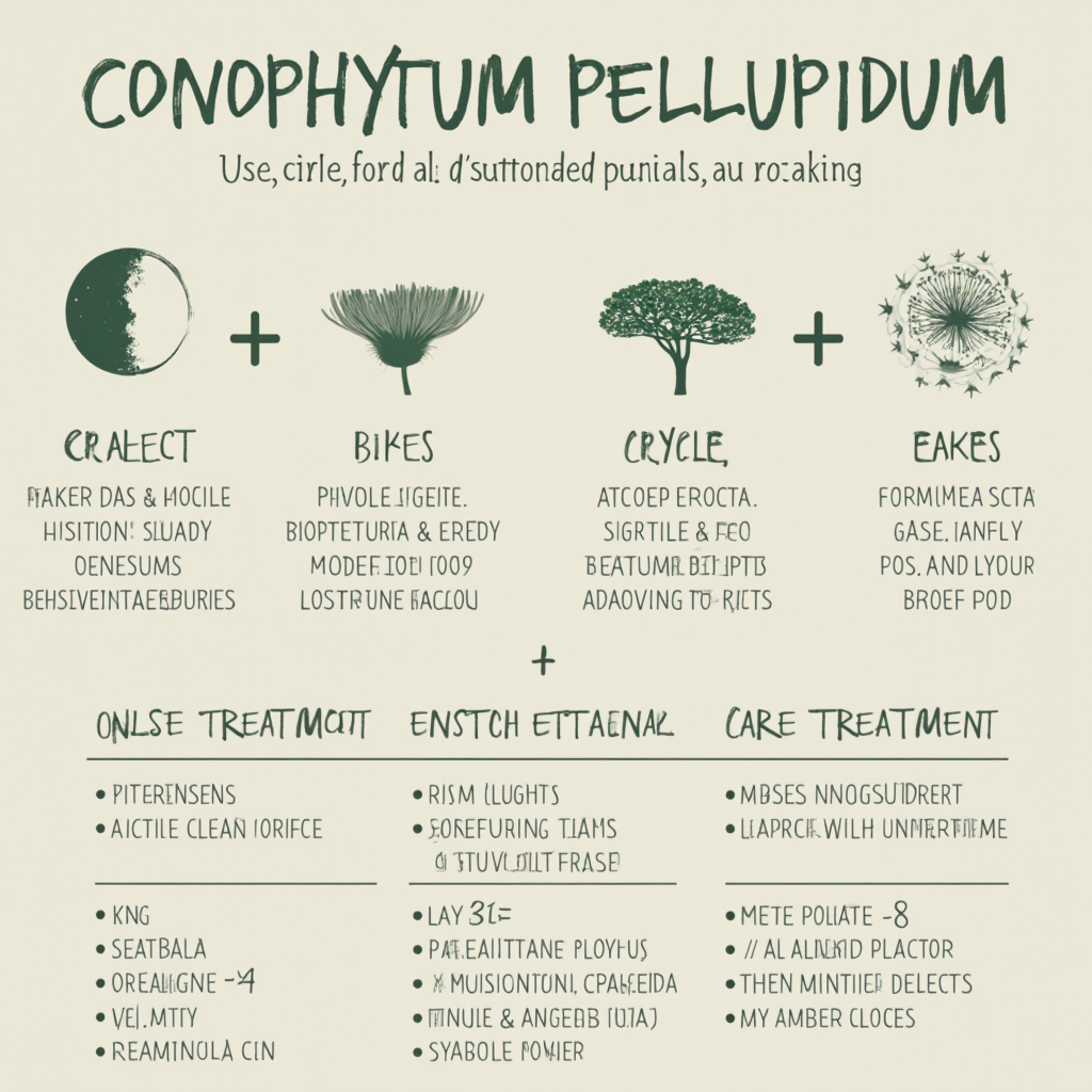 Infografika z cyklem księżycowym i odpowiadającymi mu zabiegami pielęgnacyjnymi dla Conophytum pellucidum (Conophytum pellucidum), styl minimalistyczny z ikonkami