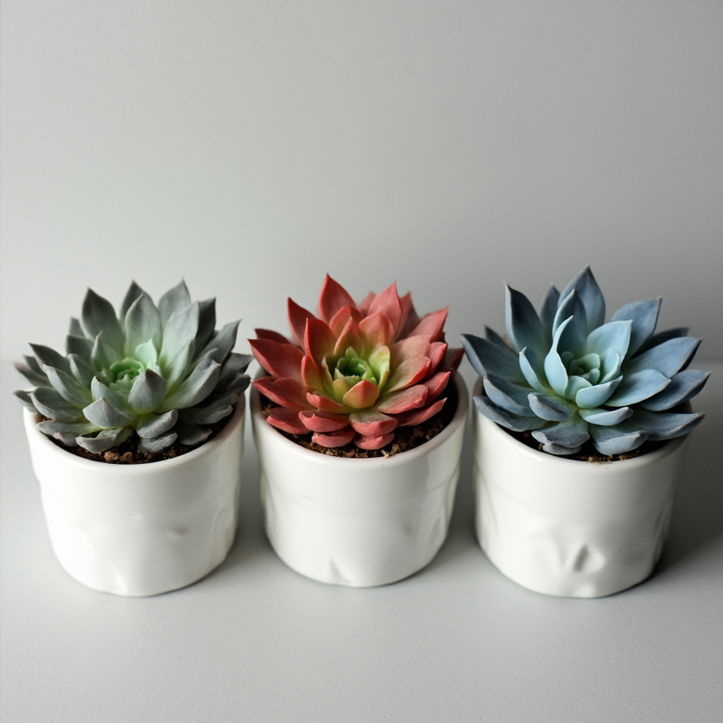 Porównanie trzech odmian Conophytum uviforme (Conophytum uviforme) w białych ceramicznych doniczkach: szarozielona podstawowa forma, czerwieniejąca subsp. decoratum i niebieskawa mutacja. Kadr z góry, neutralne tło.