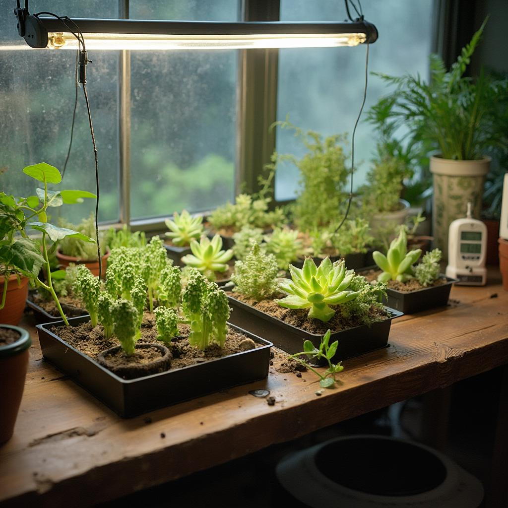 Stołowa szklarnia dla sukulentów z Conophytum uviforme (Conophytum uviforme) na półkach z regulacją światła. W tle higrometr i termometr cyfrowy.