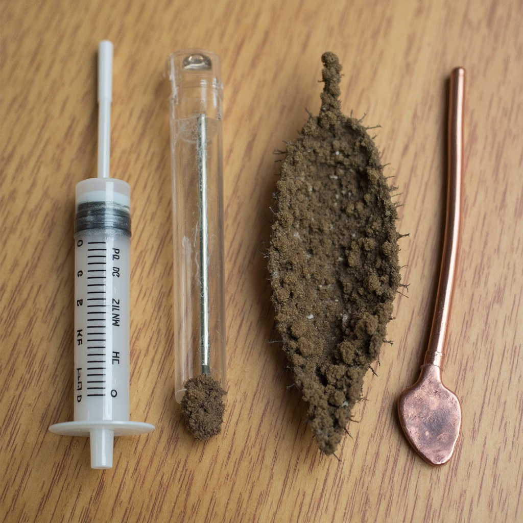 Narzędzia do pielęgnacji Conophytum uviforme (Conophytum uviforme): strzykawka z długą igłą, miarka w kształtu kropli wody, miedziana pałeczka do spulchniania gleby. Drewniane tło.