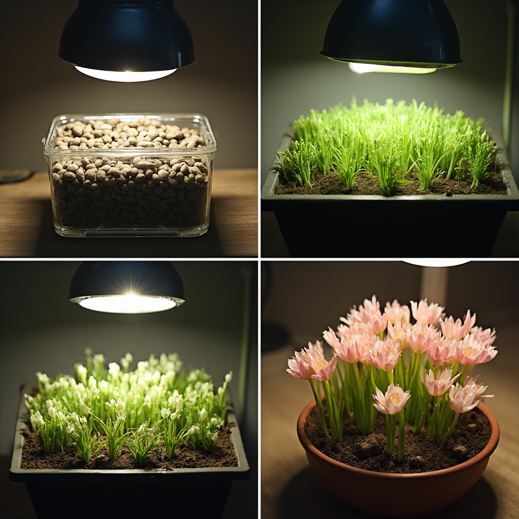 Etapy rozmnażania Conophytum uviforme (Conophytum uviforme): kiełkujące nasiona w kasecie, młode siewki pod lampą, dojrzała kępa z kwiatami. Kadr w trzech sekwencjach.