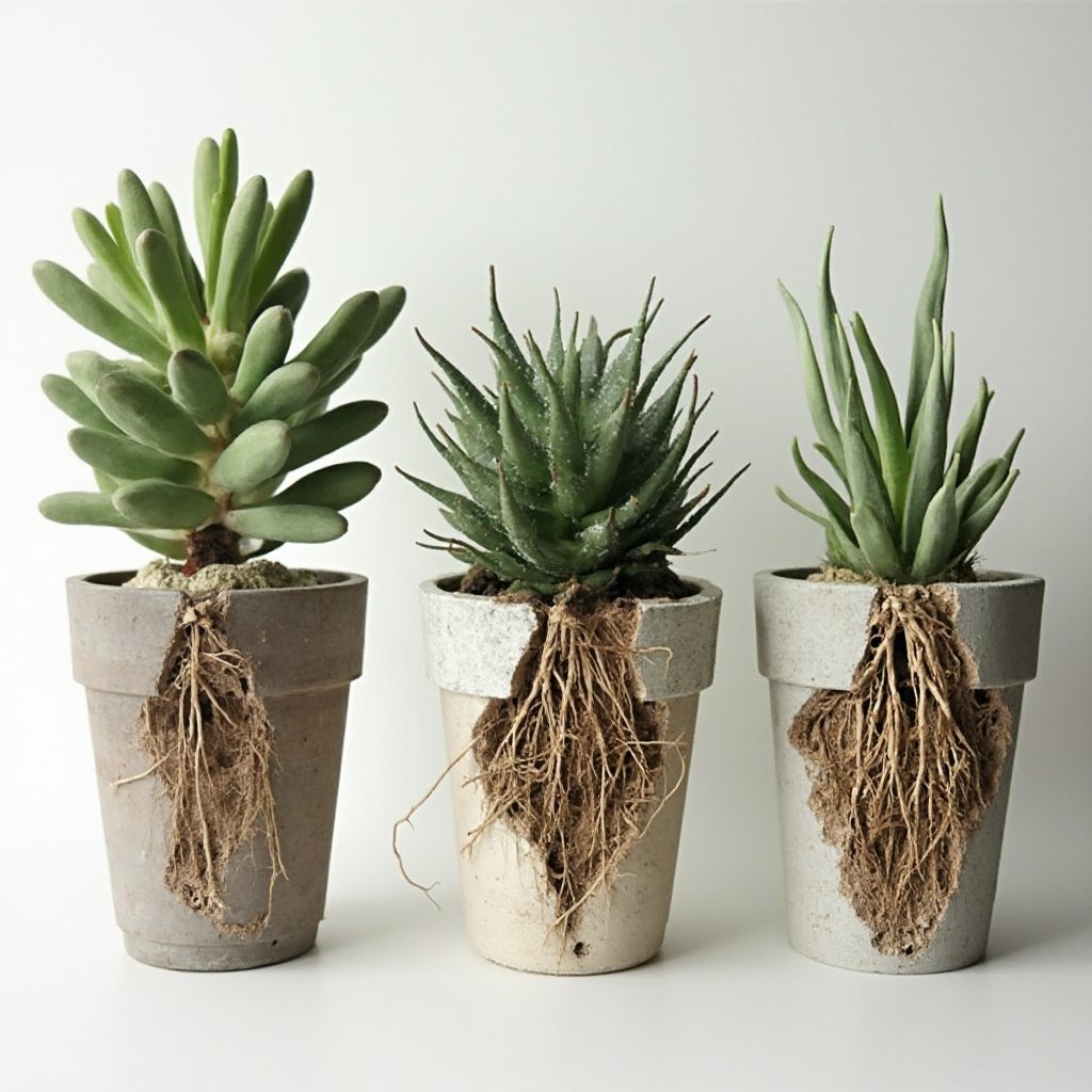 Porównanie systemów korzeniowych Conophytum uviforme (Conophytum uviforme) w różnych doniczkach: ceramika vs. plastik vs. kubek betonowy. Widok przekroju bocznego.