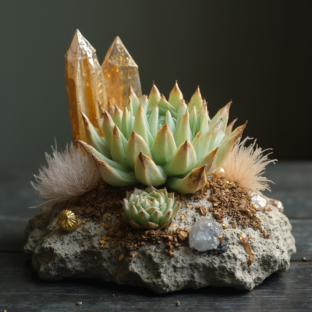 Kompozycja Conophytum uviforme (Conophytum uviforme) z kryształami górskimi i złotymi akcentami w stylu biophilic design. Oświetlenie tworzące głębię cieni.