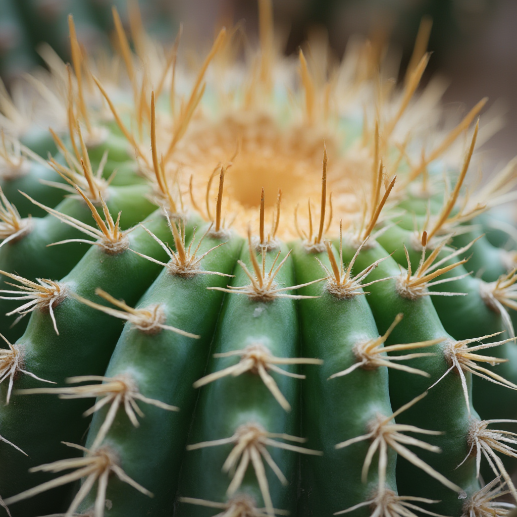 Makro fotografii kolców Ferocactus latispinus pokazujące ich haczykowate zakończenia i porowatą strukturę, tło rozmyte