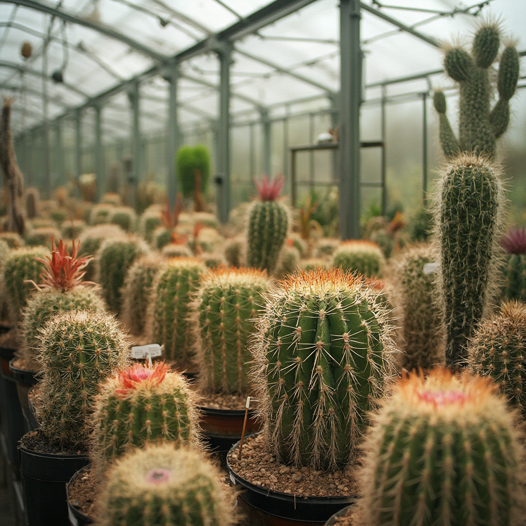 Kolekcja różnych gatunków Ferocactus w szklarni, pokazująca zróżnicowanie kształtów i kolorów kolców, oświetlenie boczne