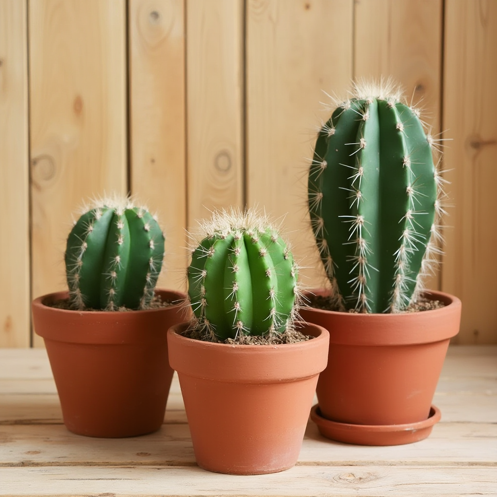 Kompozycja trzech Ferocactus w różnych etapach wzrostu w dopasowanych donicach terakotowych, naturalne tło z drewnianej ściany