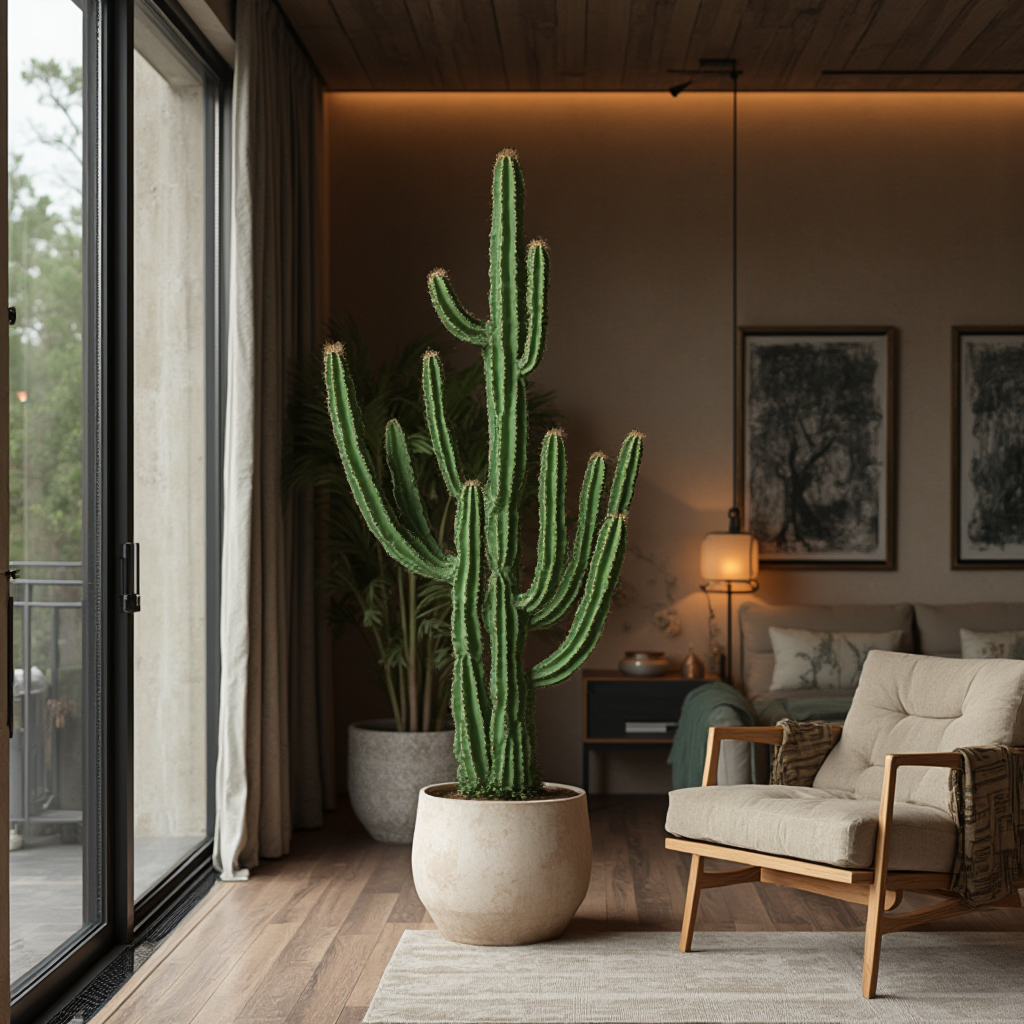 Nowoczesna aranżacja wnętrza z okazem Ferocactus cylindraceus jako centralnym punktem kompozycji, stonowane kolory tła