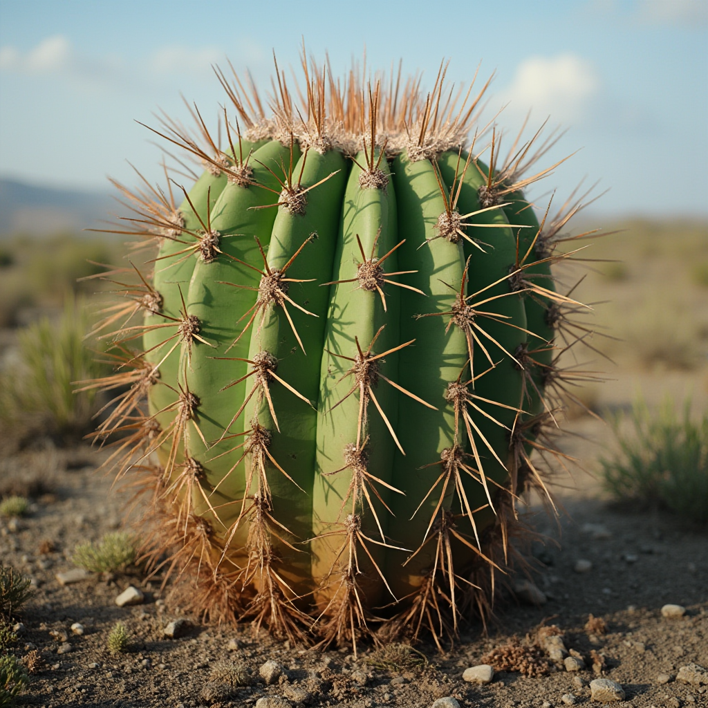 Stary okaz Ferocactus acanthodes w naturalnym środowisku z widocznymi śladami upływu czasu, kadr z dołu podkreślający wysokość