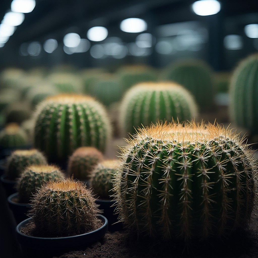 Nowoczesna hodowla Ferocactus z kontrolowanym oświetleniem LED, rośliny w różnych fazach wzrostu, sterylne tło