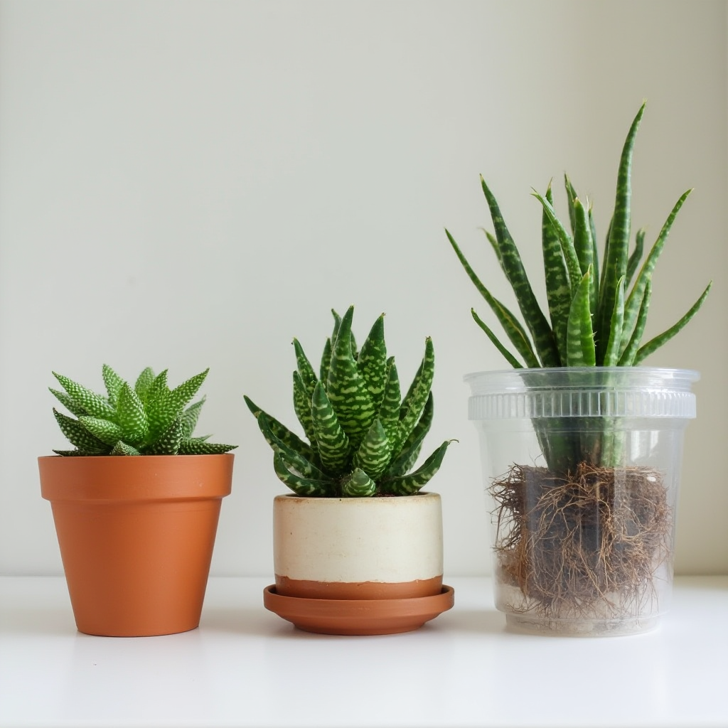 Porównanie trzech doniczek dla Gasterii verrucosa: terakotowa, ceramiczna glazurowana i plastikowa, widok z boku z widocznymi korzeniami przez przezroczysty pojemnik