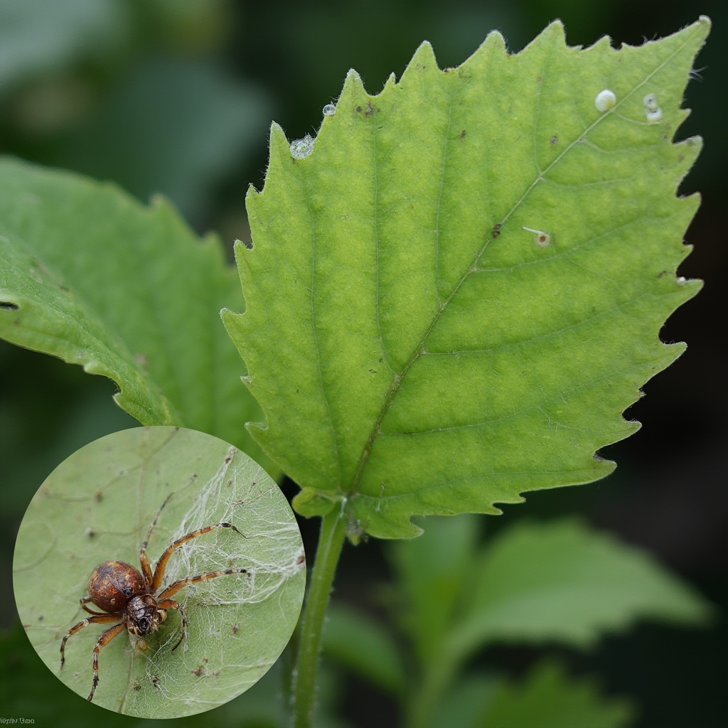 Liść Gasterii verrucosa z widocznymi śladami przędziorków, powiększony fragment z pajęczynką i szkodnikami, tło rozmyte