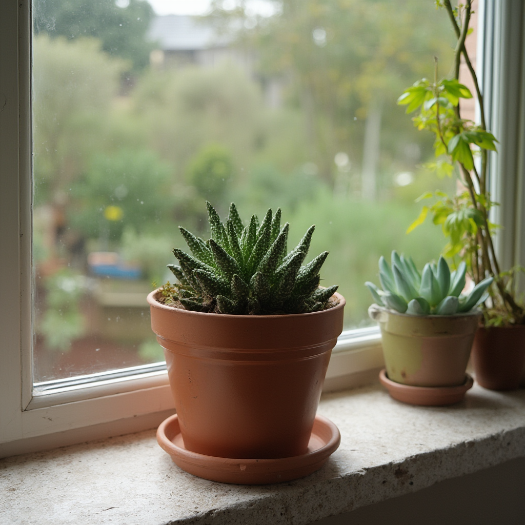 Doniczka z Gasterią pulchra stojąca na kamiennym parapecie, w tle widok na ogród z innymi sukulentami
