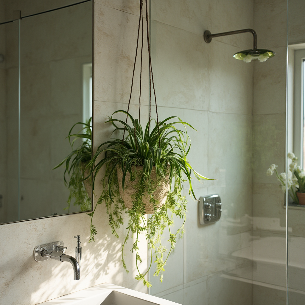 Nowoczesna łazienka z Gasterią pulchra w wiszącej donicy, liście odbijające się w lustrze, kamienne płytki w tle