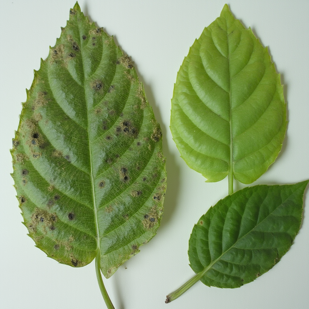 Liść Gasterii pulchra z widocznymi śladami przędziorków, obok zdrowe liście dla porównania