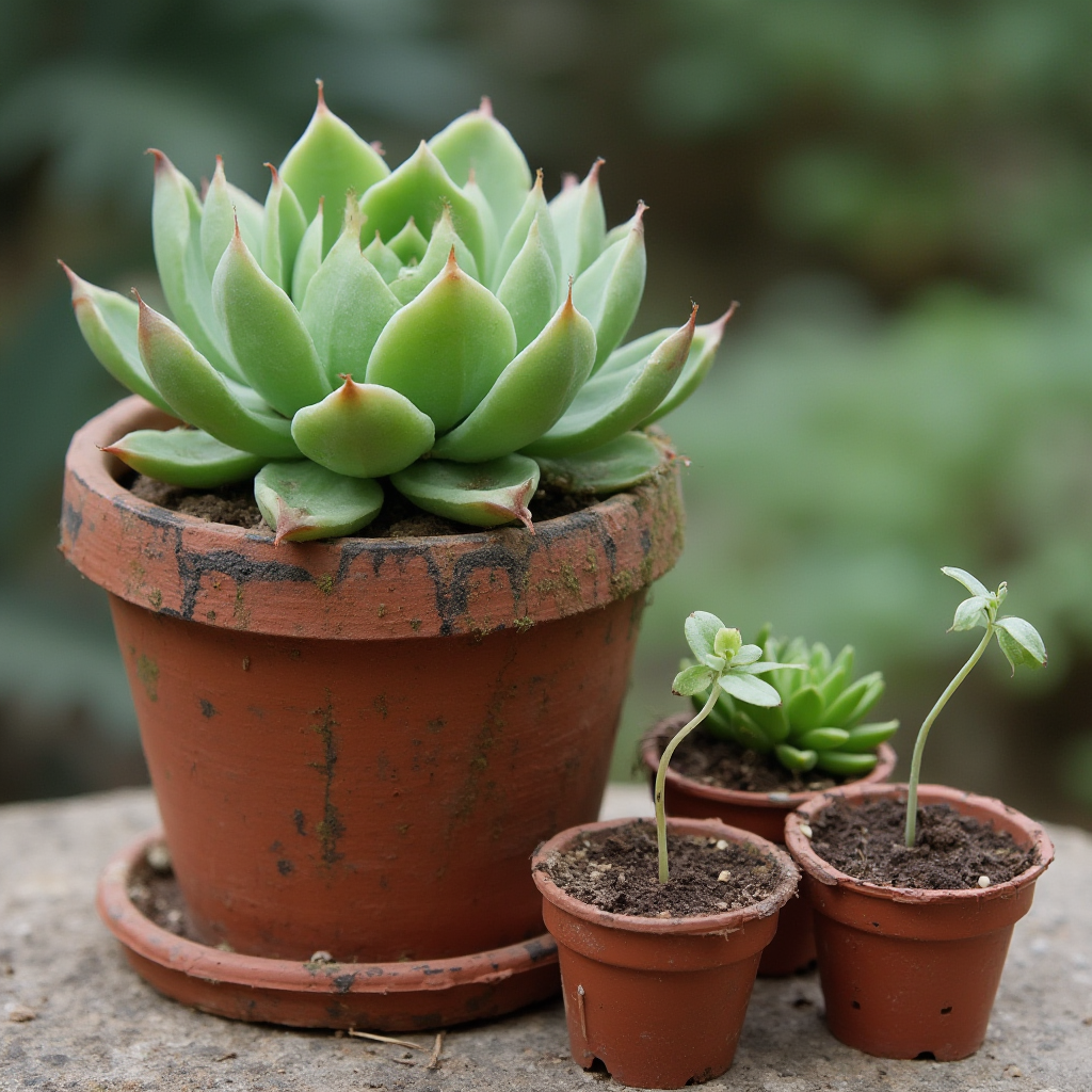 Stara Gasteria pulchra w glinianej donicy z widocznymi pierścieniami wzrostu, obok młode sadzonki w mini doniczkach