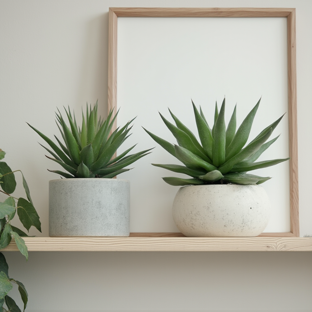 Porównanie Gasterii tępej z aloesem i haworcią na półce w stylu skandynawskim. Kadr z przodu, wyraźne różnice w strukturze liści.