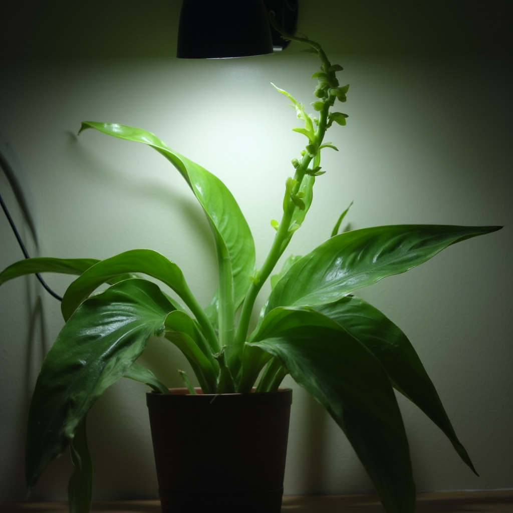 Gasteria obtusifolia pod oświetleniem LED z timerem. Kadr ukazuje roślinę z wyraźnymi cieniami liści na ścianie.