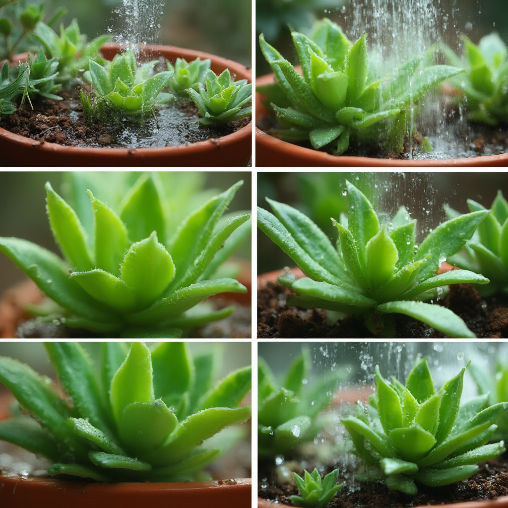 Sekwencja zdjęć ukazująca proces podlewania Gasterii metodą podsiąkową. Najazd na krople wody na liściach.
