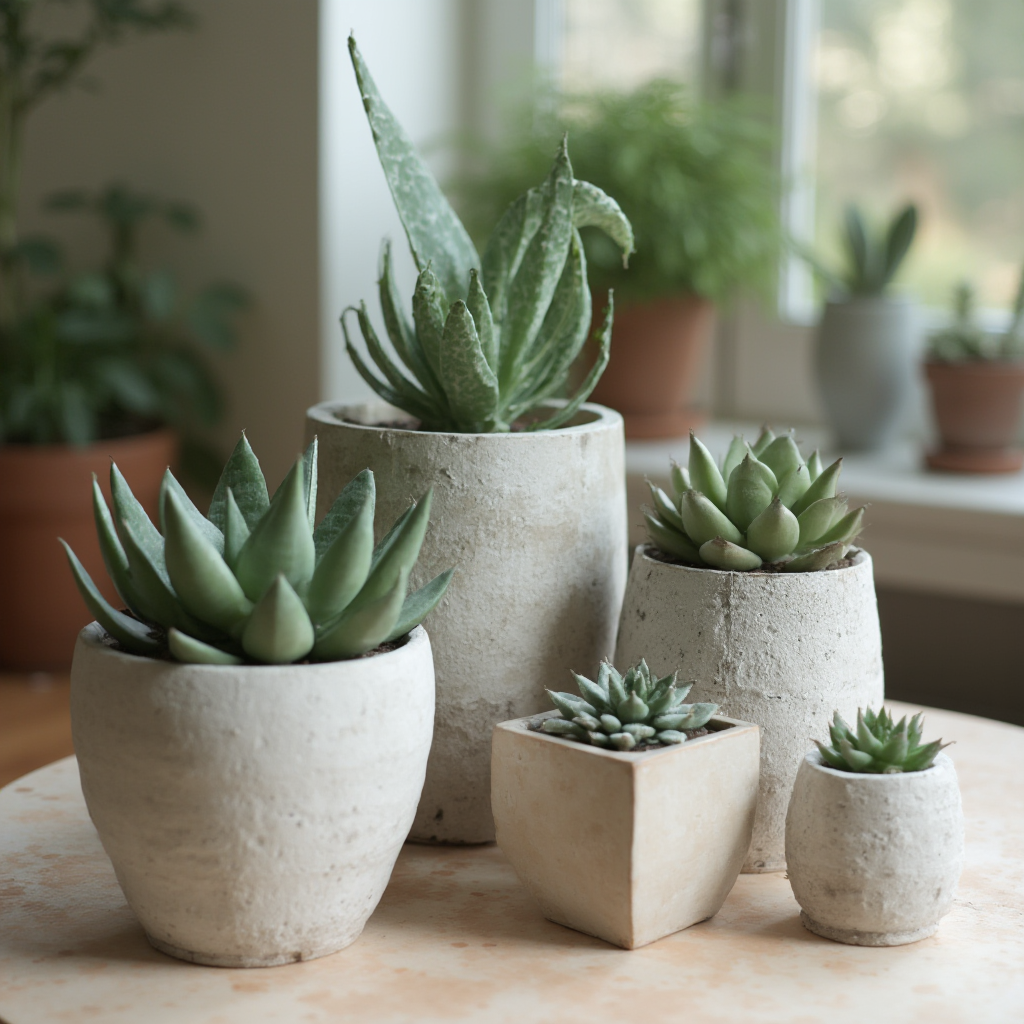 Kolekcja Gasterii w różnych doniczkach: ceramicznych, betonowych, odpowiednio dopasowanych rozmiarów. Kadr z perspektywy stołu.