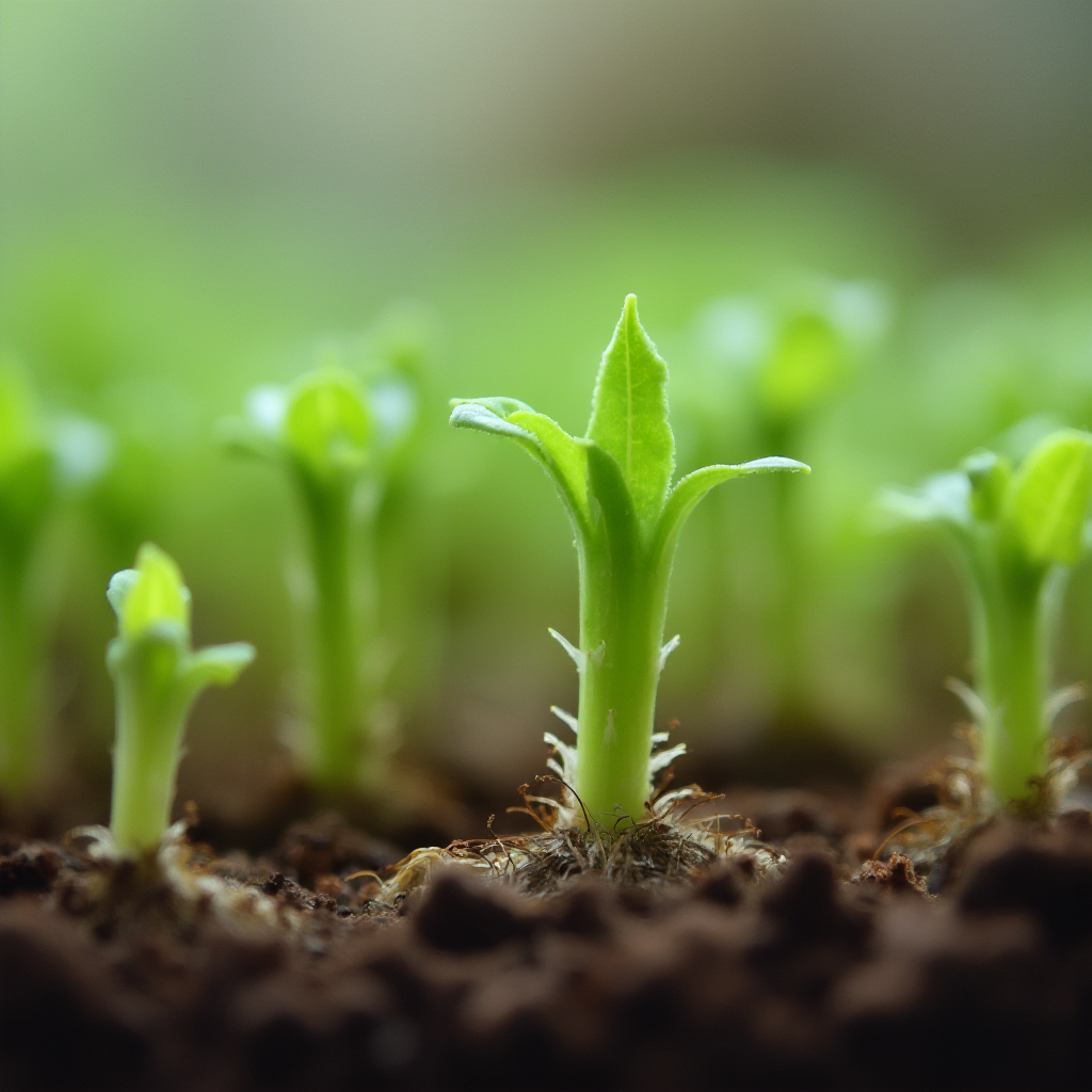 Makro ukazujące młode sadzonki Gasterii obtusifolia w mini szklarni. Ostre skupisko na nowych korzeniach.