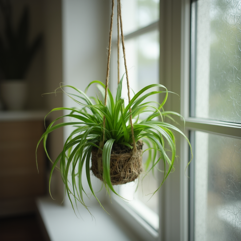 Gasteria obtusifolia w formie kokedamy zawieszonej na sznurku w nowoczesnym wnętrzu. Miękkie oświetlenie podkreślające fakturę liści.
