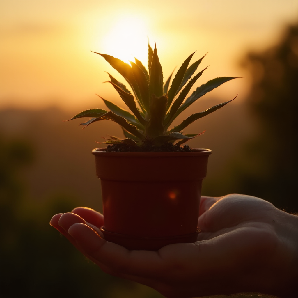 Dłoń trzymająca doniczkę z Gasterią obtusifolia na tle zachodzącego słońca. Symboliczne ujęcie łączące naturę i ludzką opiekę.