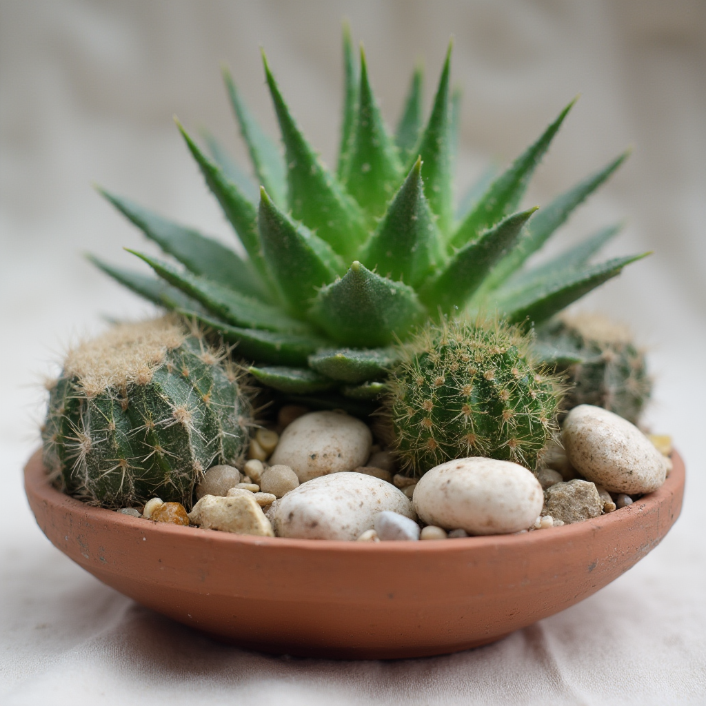 Kompozycja z Gasteria brachyphylla, kaktusami i kamieniami w płytkiej ceramicznej donicy