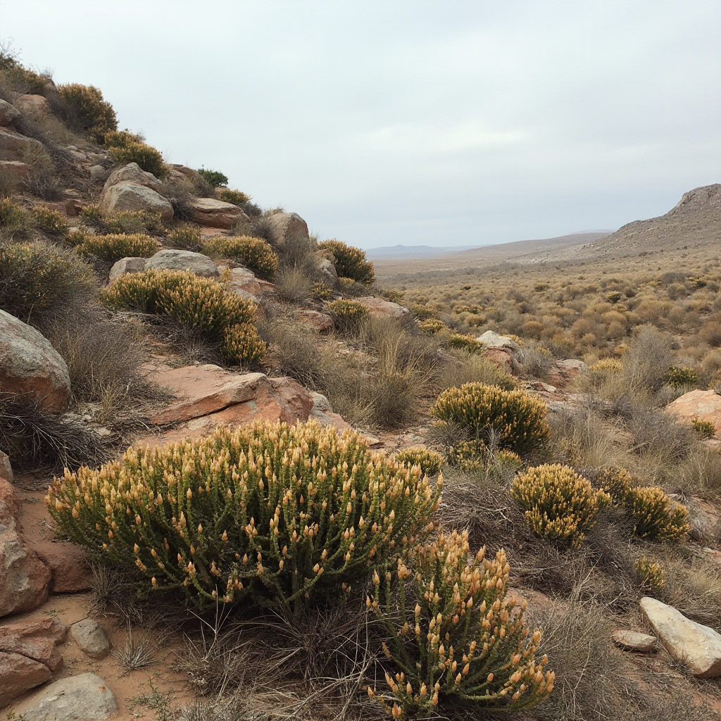 Krajobraz RPA – skaliste zbocza porośnięte kępkami Gasteria nitida. W tle suche trawy, kamieniste podłoże, niebo z lekkimi chmurami.