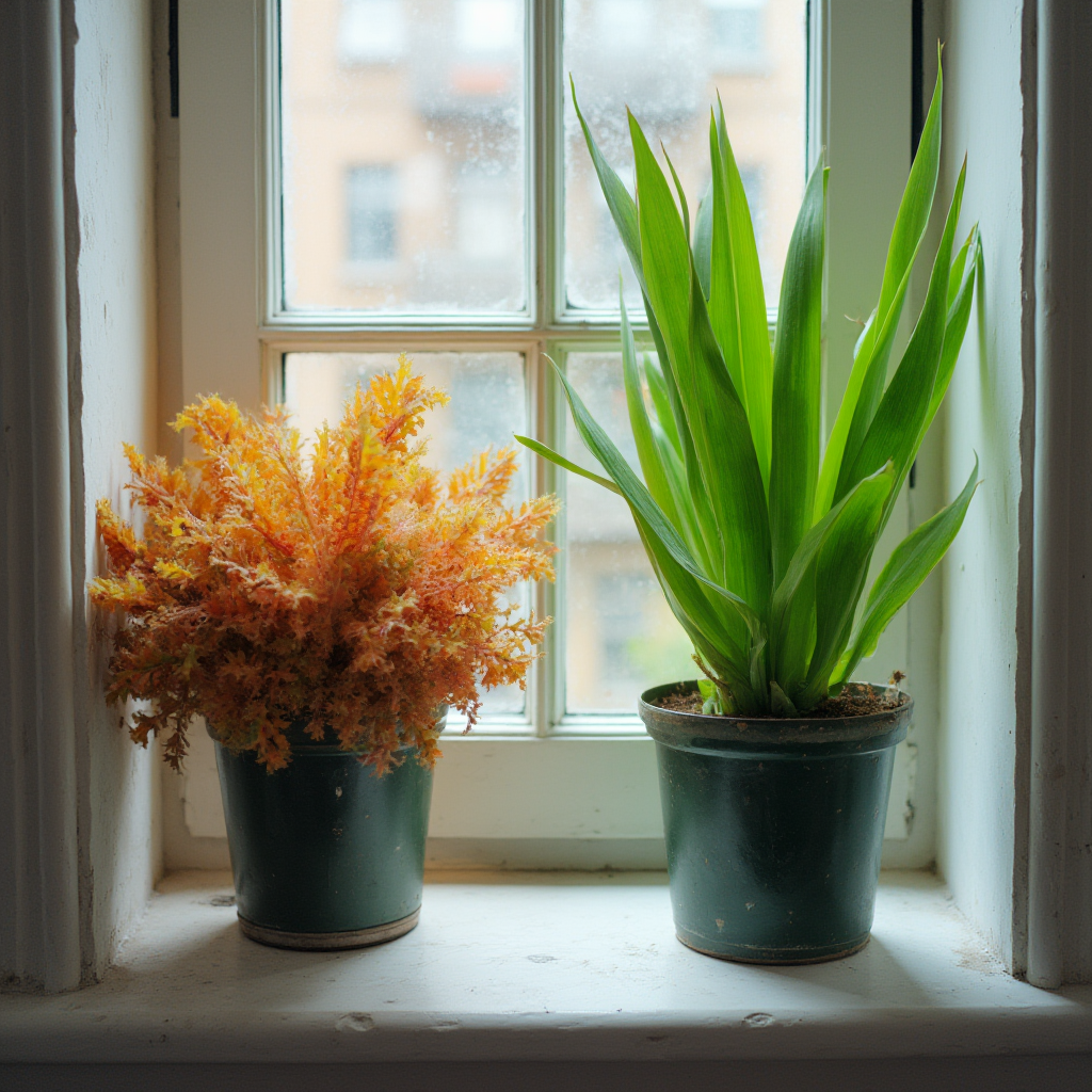 Para identycznych Gasteria nitida na dwóch różnych parapetach: wschodnim (liście intensywnie wybarwione) i północnym (liście dłuższe, jednolicie zielone). Kadr z boku, podpisane lokalizacje.