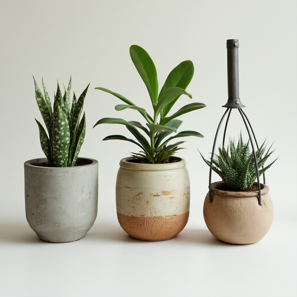 Zestaw różnych doniczek z Gasteria nitida: betonowa, ceramiczna z ręcznym wzorem, wisząca metalowa. Każda z innym systemem drenażu. Perspektywa 3/4.