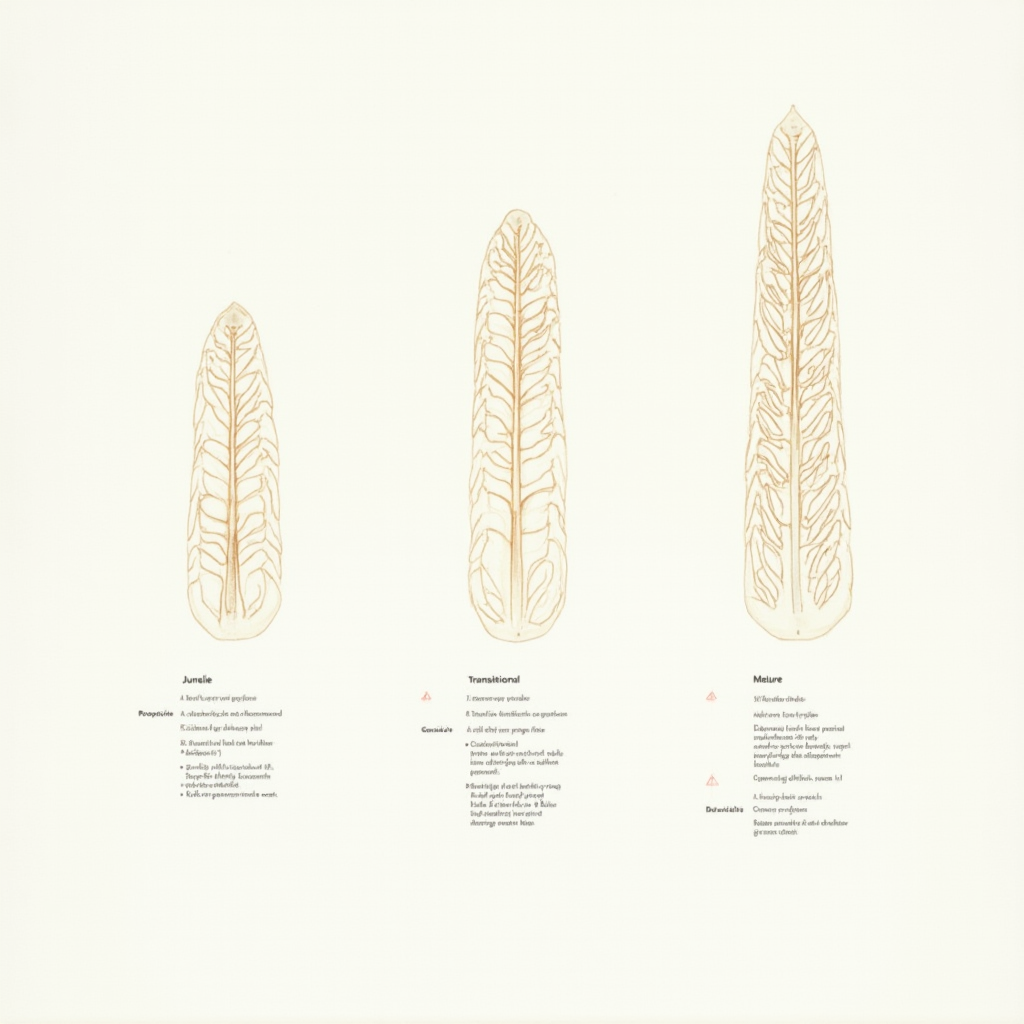 Trójpanelowa ilustracja przedstawiająca fazy wzrostu Gasteria nitida: młodocianą, przejściową i dojrzałą. Każdy panel z opisem morfologii. Minimalistyczny styl.