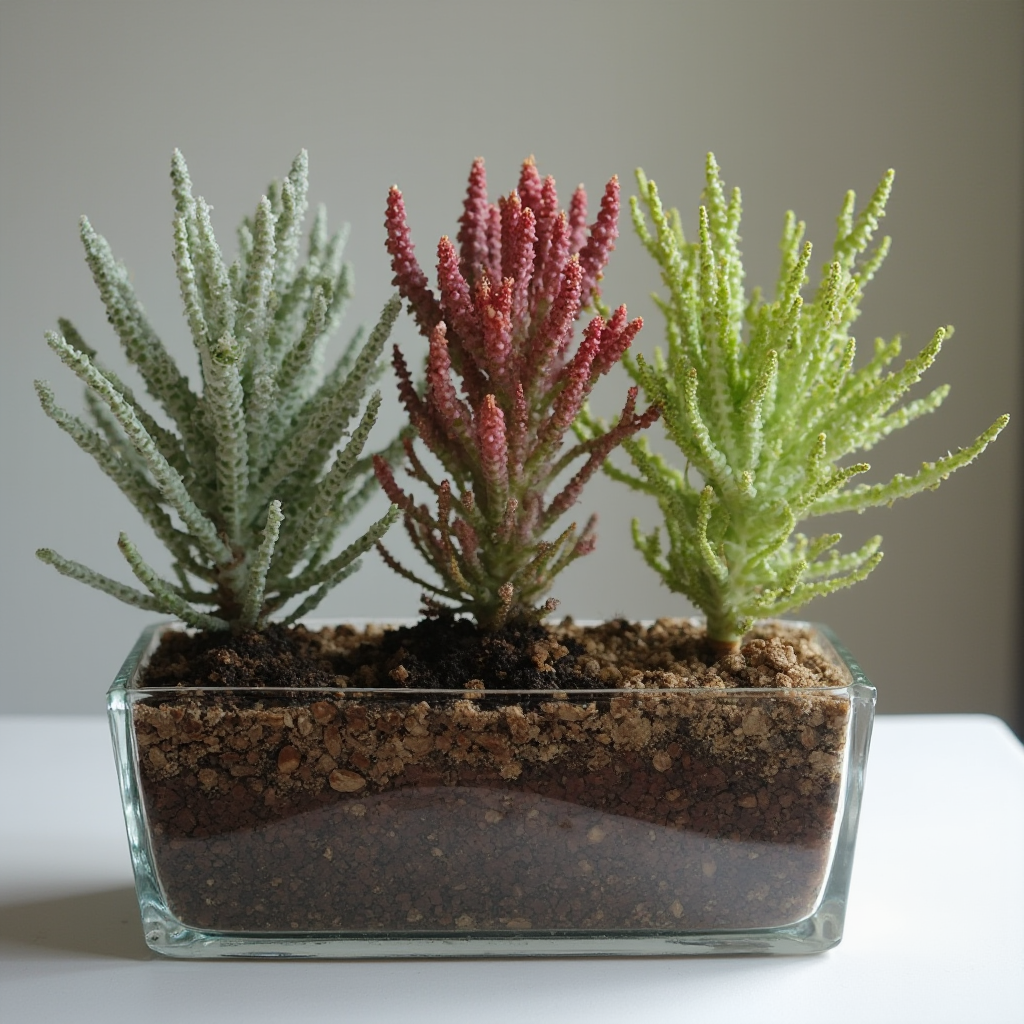 Porównawcze zdjęcie trzech odmian Grubosza drobnego (Crassula exilis) w prostokątnej doniczce szkłolnej. Widoczne różnice w wybarwieniu liści od srebrzystych po bordowe. Kadr wykonany pod kątem 45 stopni.