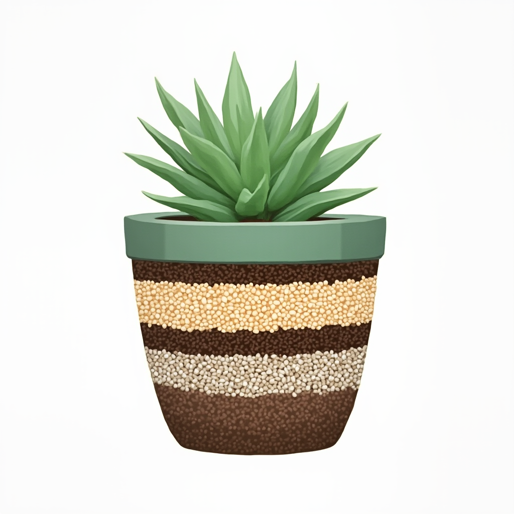 Schematyczny rysunek przekroju doniczki z Gruboszem drobnym (Crassula exilis) pokazujący warstwy drenażu. Kolejno: keramzyt, włókno kokosowe, mieszanka ziemi, żwir powierzchniowy. Białe tło, styl infograficzny.