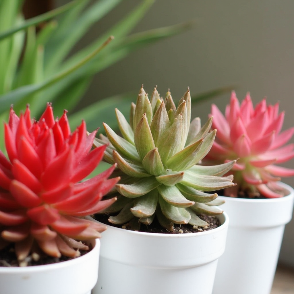 Porównanie trzech odmian Grubosza główkowatego (Crassula capitella): 'Campfire' (czerwona), 'Thyrsiflora' (zielono-brązowa), 'Rosea' (różowe paski), widok z boku w białych doniczkach