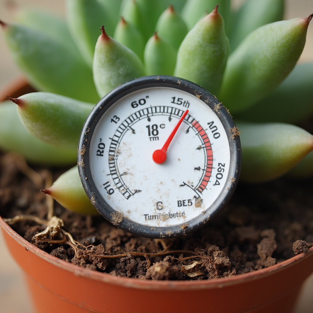Termometr ogrodowy wbity w doniczkę z Gruboszem główkowatym (Crassula capitella), wskazujący 18°C, widoczne korzenie na powierzchni podłoża