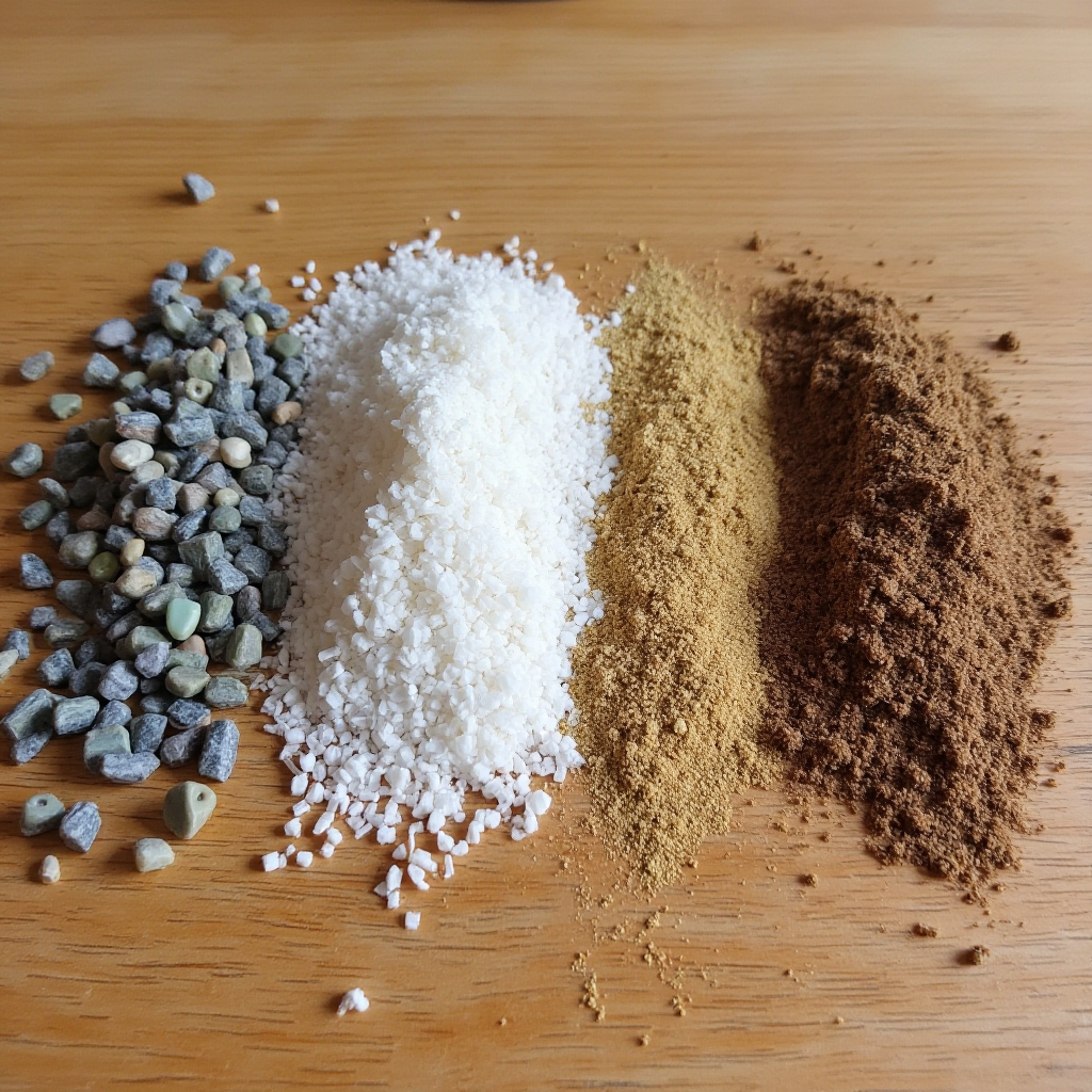 Składniki podłoża dla Grubosza główkowatego (Crassula capitella): kolorowe kamyki, biały perlit, brązowa ziemia i złoty piasek ułożone osobno na drewnianym blacie