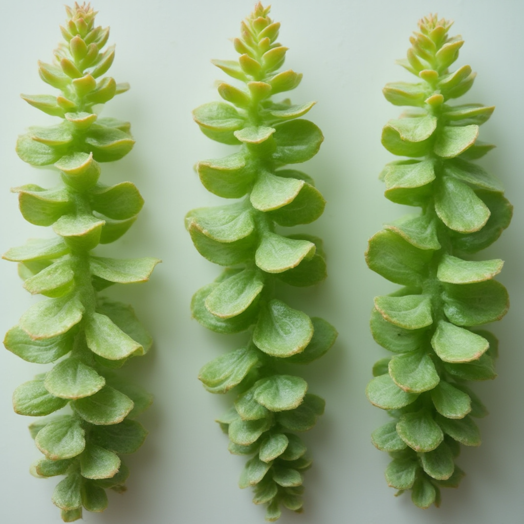 Sekwencja trzech zdjęć liści Grubosza główkowatego (Crassula capitella) w różnym stopniu nawodnienia: od jędrnego poprzez lekko pomarszczony do wyraźnie zwiotczałego