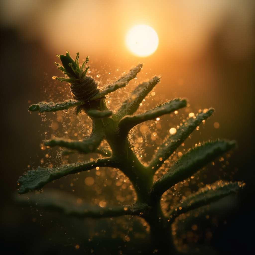 Butelka z atomizerem tworząca mgiełkę nad liśćmi Grubosza główkowatego (Crassula capitella), krople wody na liściach w kontrze z zachodzącym słońcem
