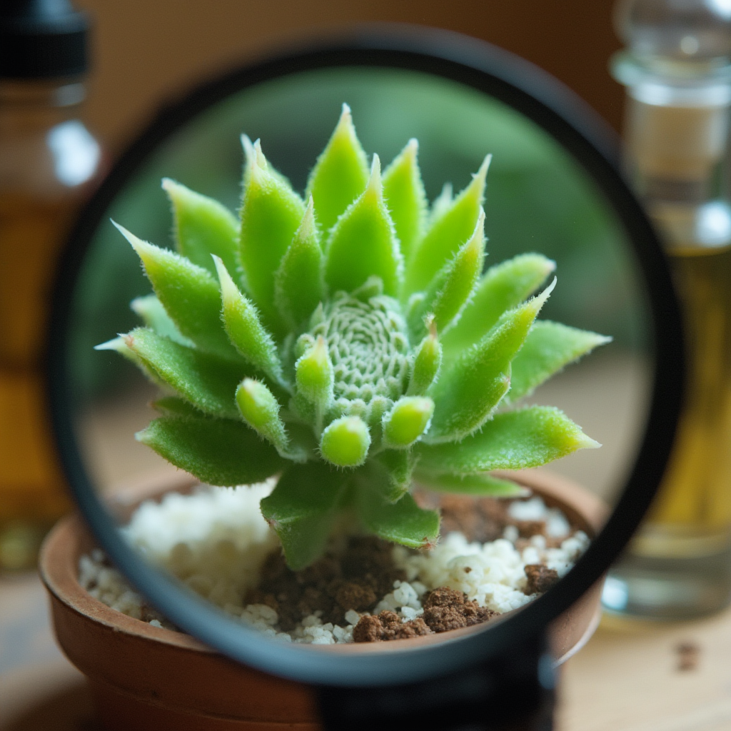 Liść Grubosza główkowatego (Crassula capitella) powiększony pod lupą, widoczne białe wełnowce między nasadami liści, w tle butelka z domowym preparatem