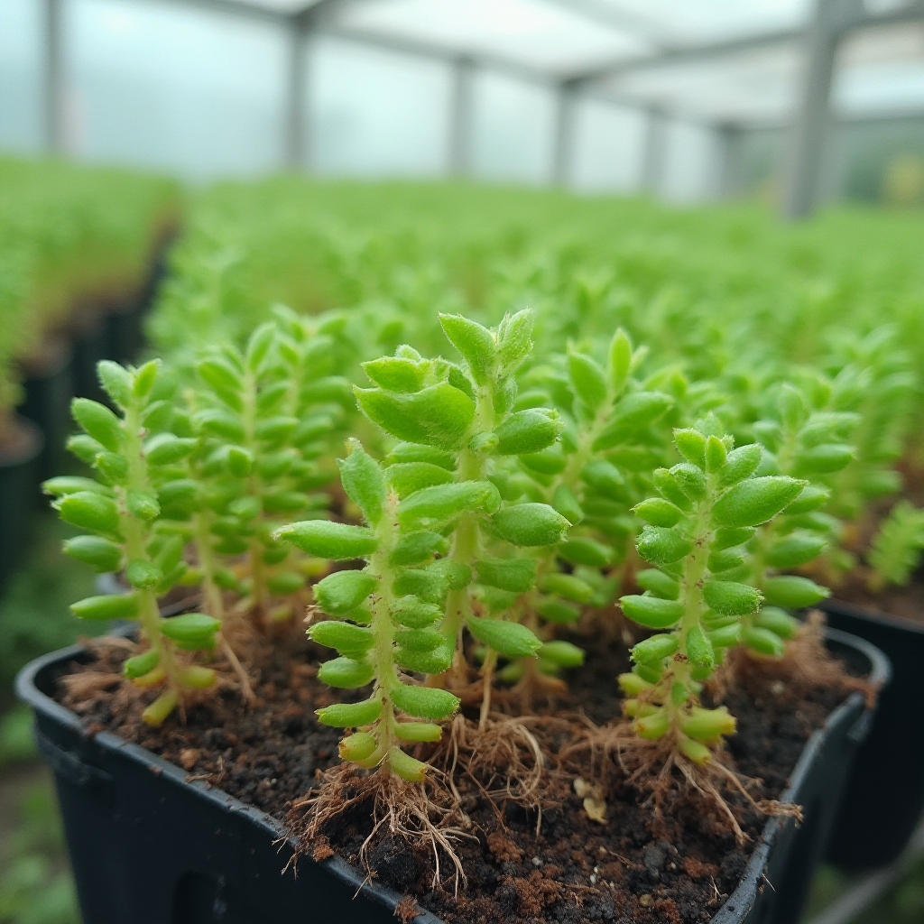 Młode sadzonki Grubosza główkowatego (Crassula capitella) w przezroczystej szklarni propagacyjnej, widoczne pierwsze korzonki na końcach liści